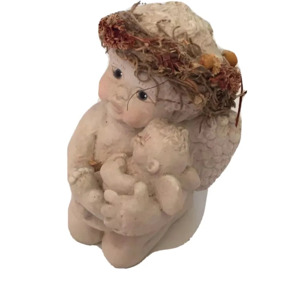 Vintage Dreamsicle Angel Cherub Holding Baby Flower Wreath Mothers Day Mom Gift